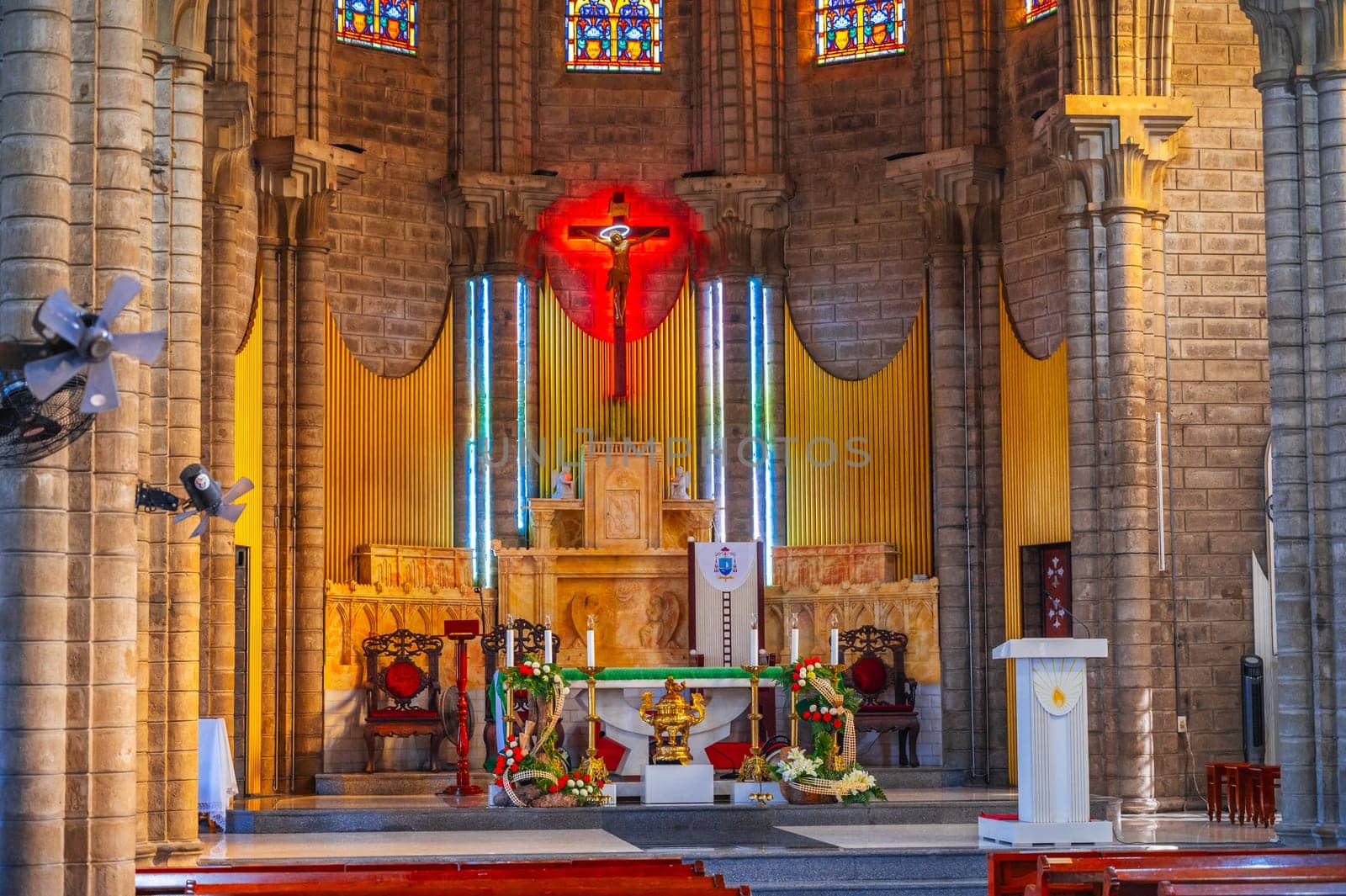 Altar inside of Christ the King Cathedral or Nha Trang Cathedral or Stone Church in Asia. Nha Trang, Vietnam - August 22, 2024