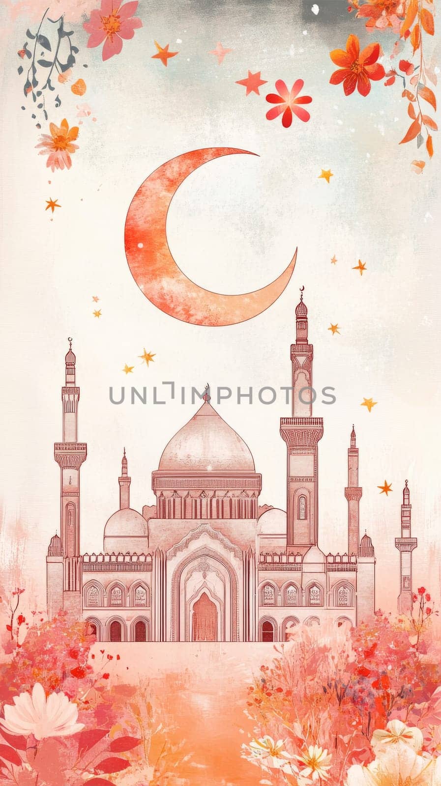 mosque illustration with crescent moon and floral details, cultural heritage concept.