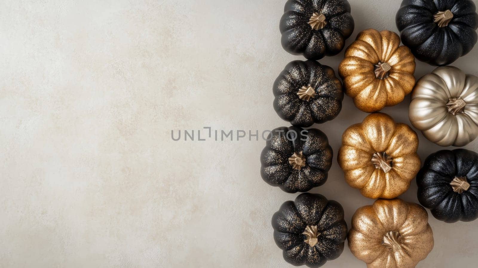 Row of gold and black ornamental pumpkins on beige background, autumn decor concept.