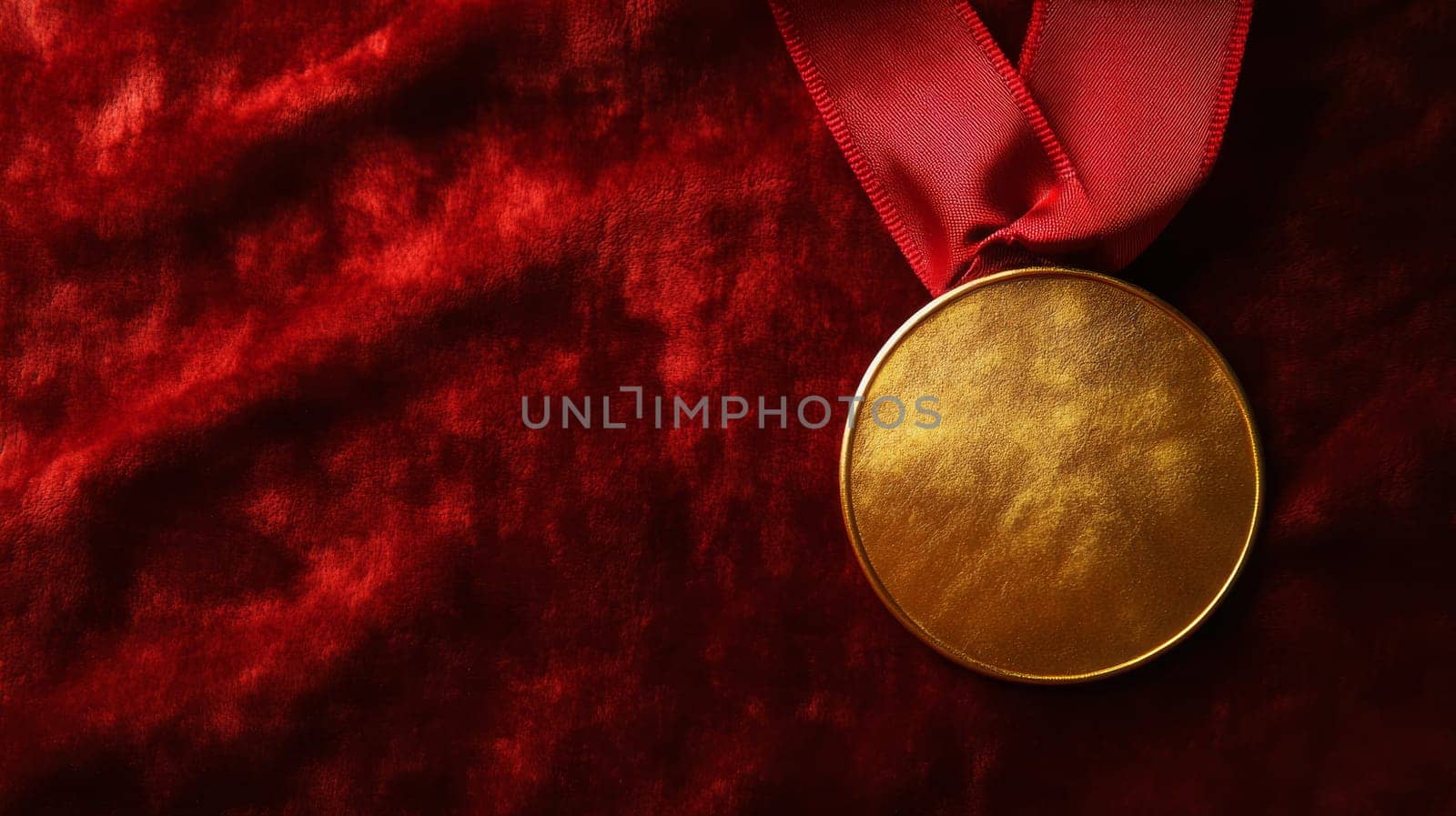 Gold medal with red ribbon on velvet background.