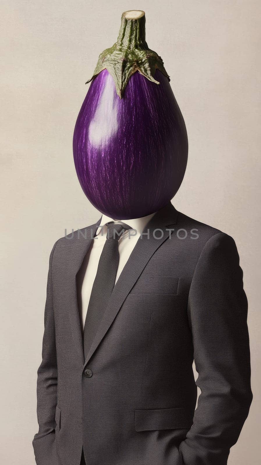 Eggplant head in a formal suit, surreal portrait. Conceptual humor and creativity in art.