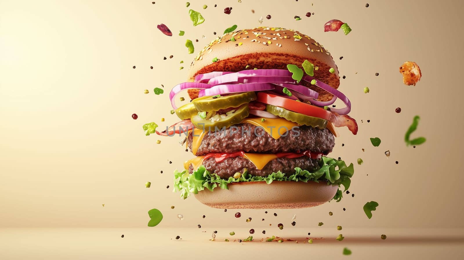 A hamburger hovers against a neutral background, showcasing layers of meat, cheese, vegetables, and condiments.