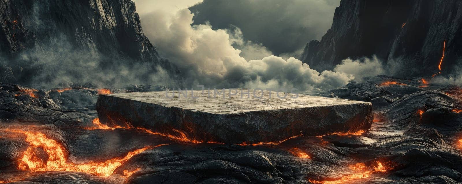Volcanic landscape with molten lava and stone platform, dramatic natural scene. Adventure and exploration concept.