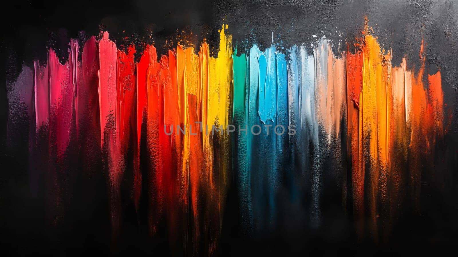 Colorful abstract paint strokes on black canvas, modern art concept.