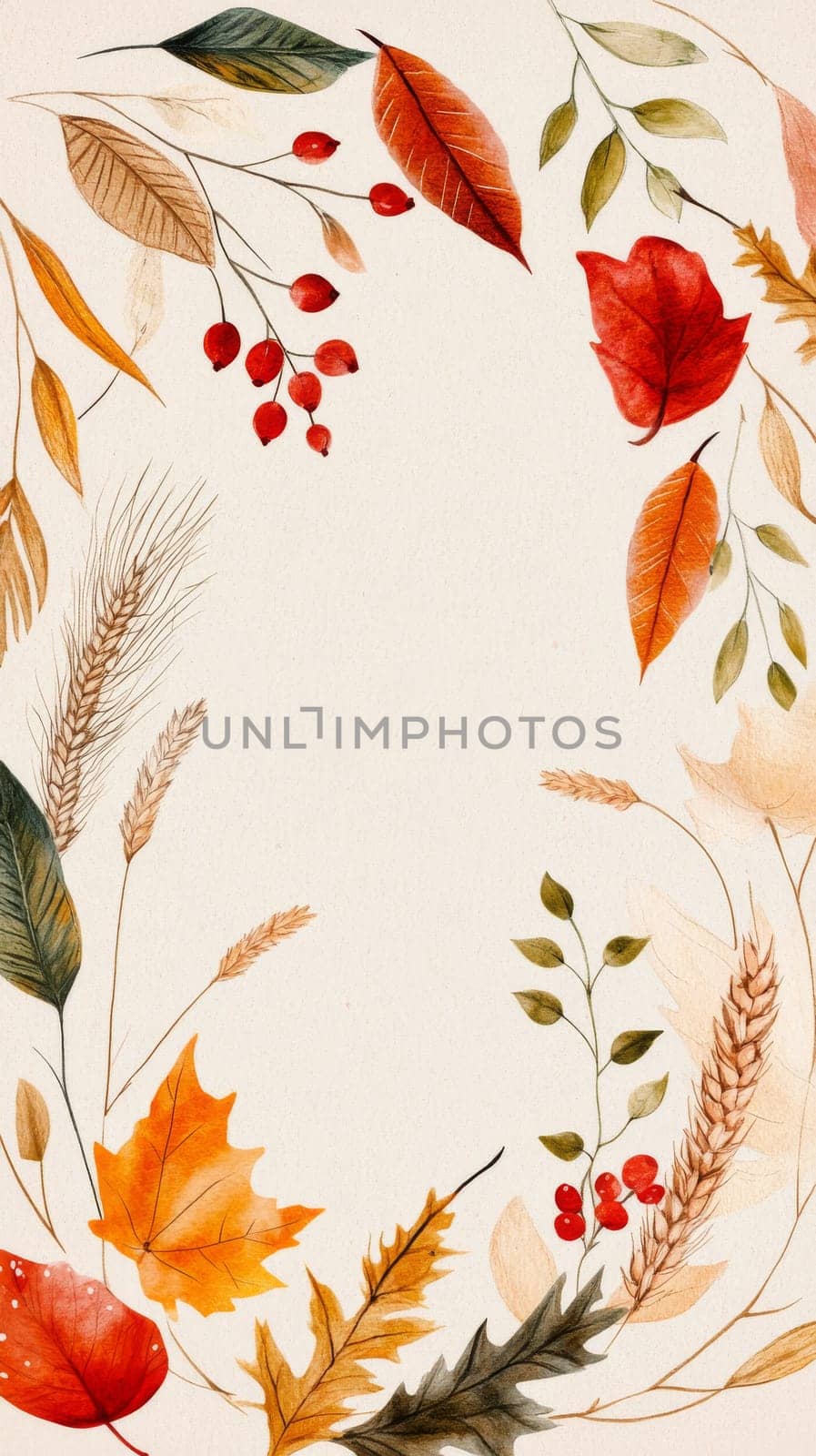 watercolor autumn leaves and berries on beige background, seasonal decoration concept.