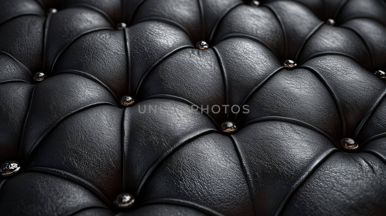 Close-up of black leather upholstery with buttons, macro texture. Luxury interior design concept.