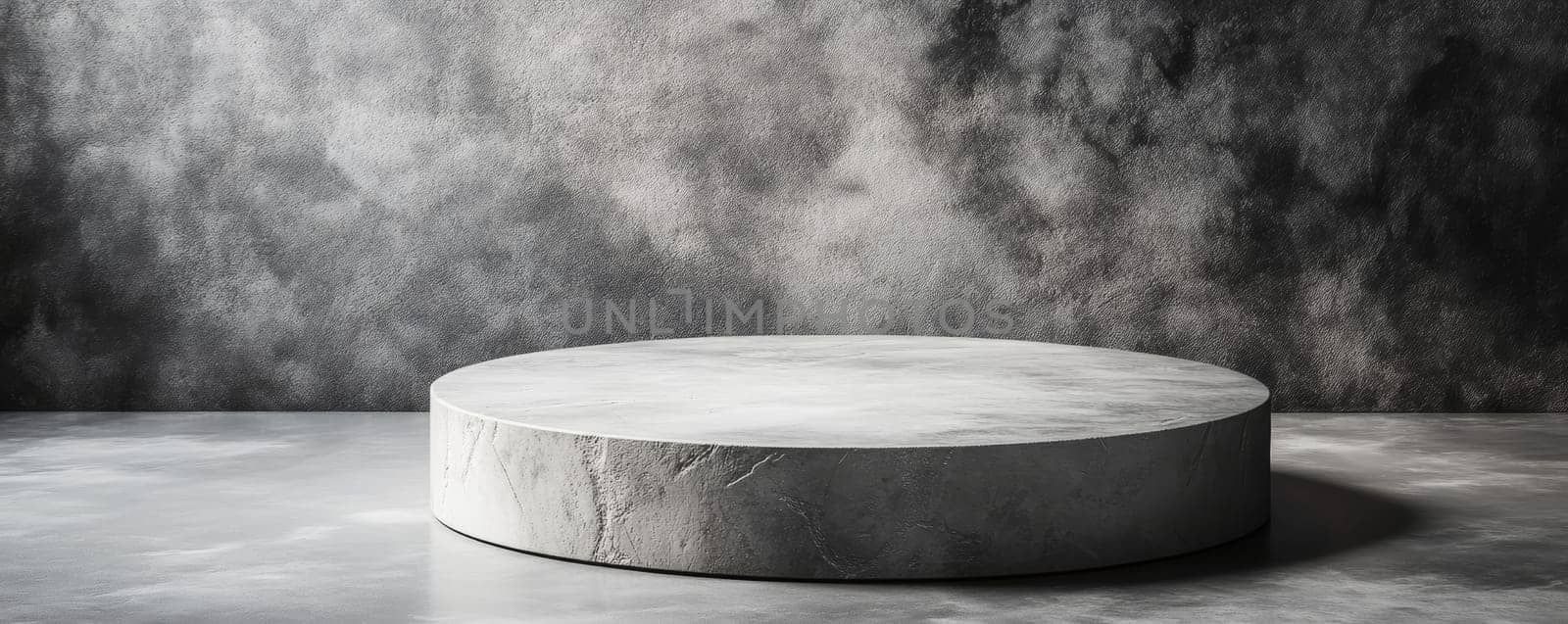 Round gray stone pedestal with textured background, minimalist product display concept.
