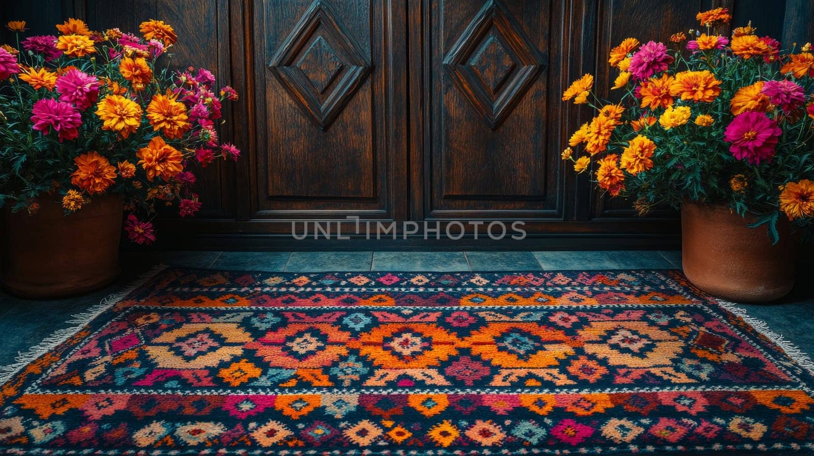 Colorful patterned rug with vibrant flower pots in front of wooden door.