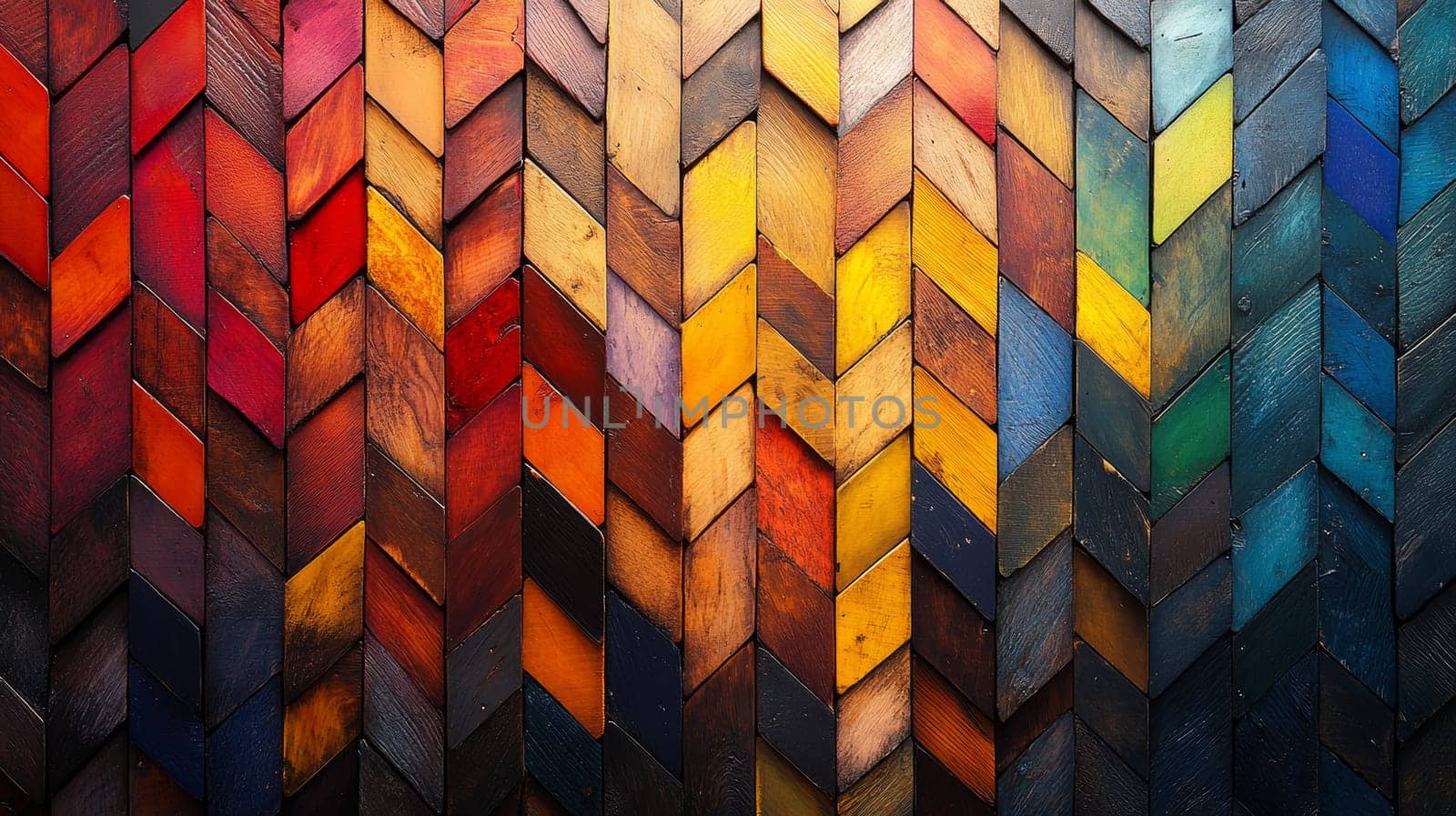 Colorful wooden herringbone pattern background, vibrant texture. Interior decor and design concept.