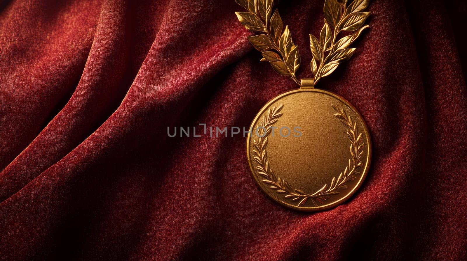 Gold medal with laurel leaves on red fabric.