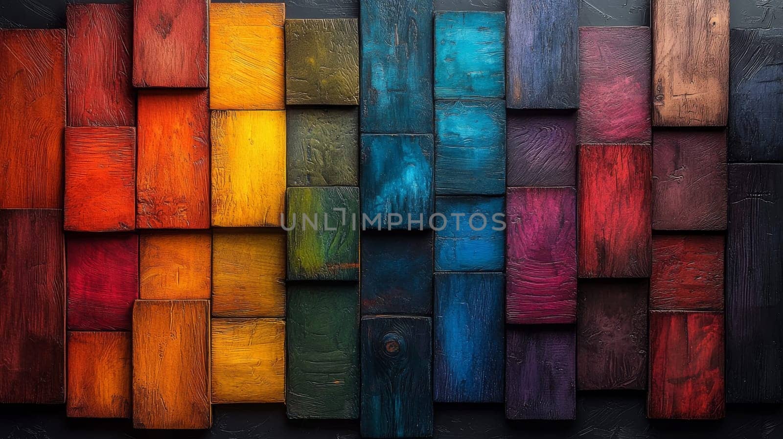 Colorful wooden planks arranged in an artistic pattern.
