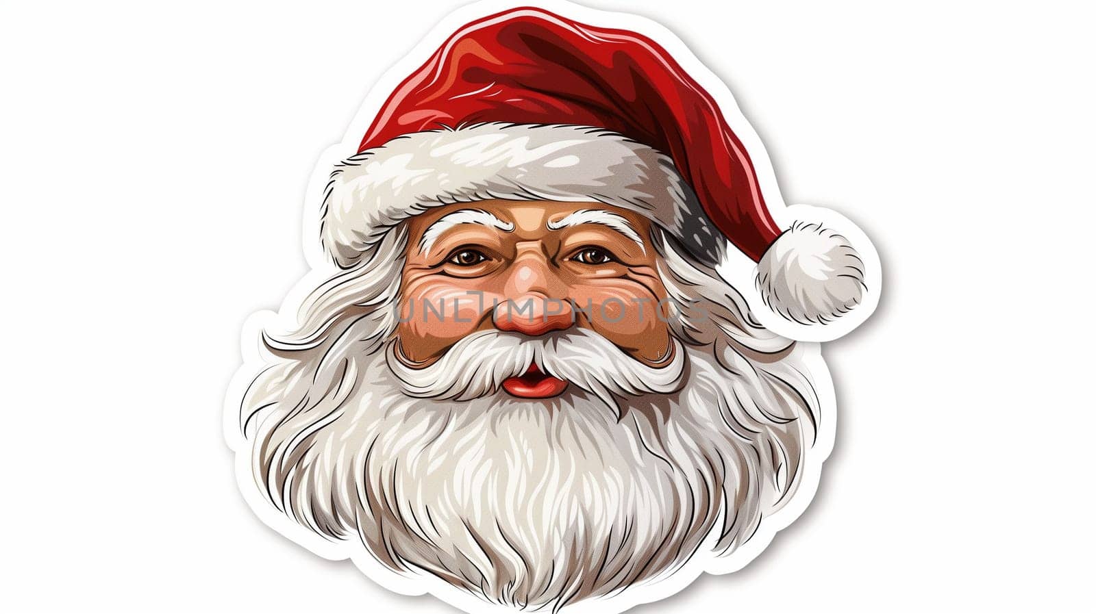 A cheerful figure resembling Santa Claus is depicted wearing a traditional red hat adorned with a white pom-pom. His full white beard adds to his jolly expression, exuding warmth and holiday spirit. The character seems ready to spread joy during the festive season.
