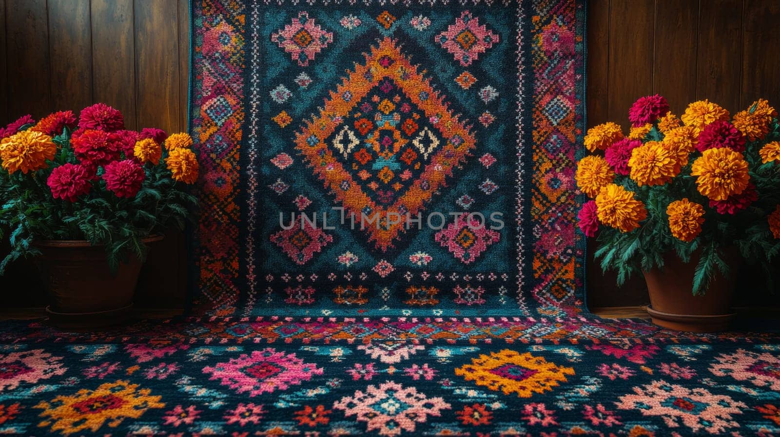 Bohemian rug with vibrant floral pattern, cozy home decor concept.
