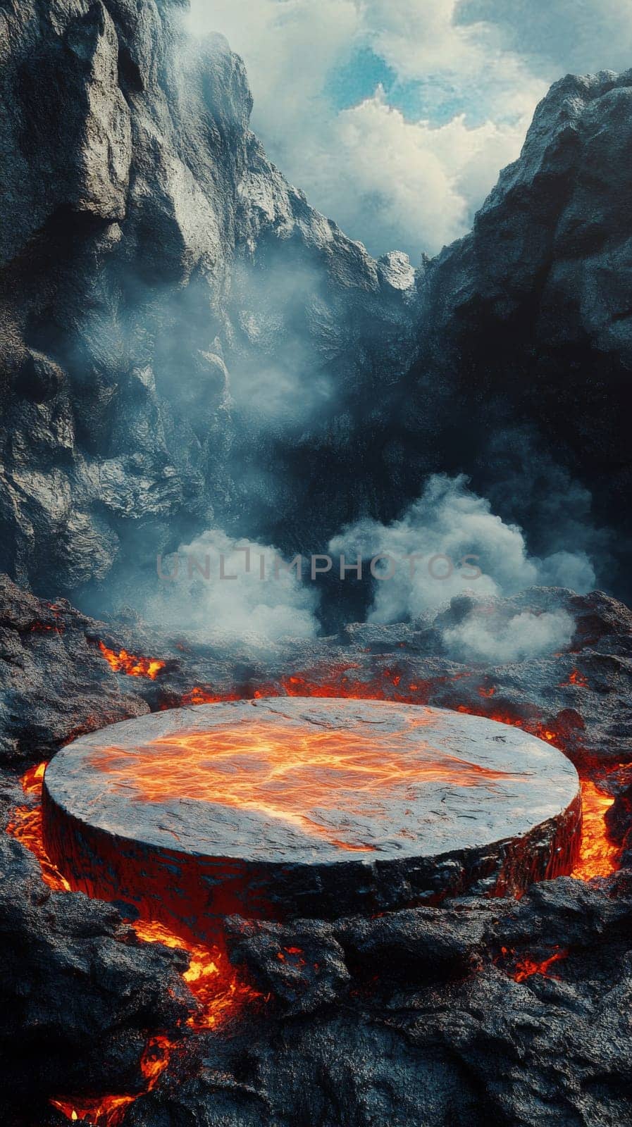 Molten lava round podium in volcanic crater emitting smoke and steam.