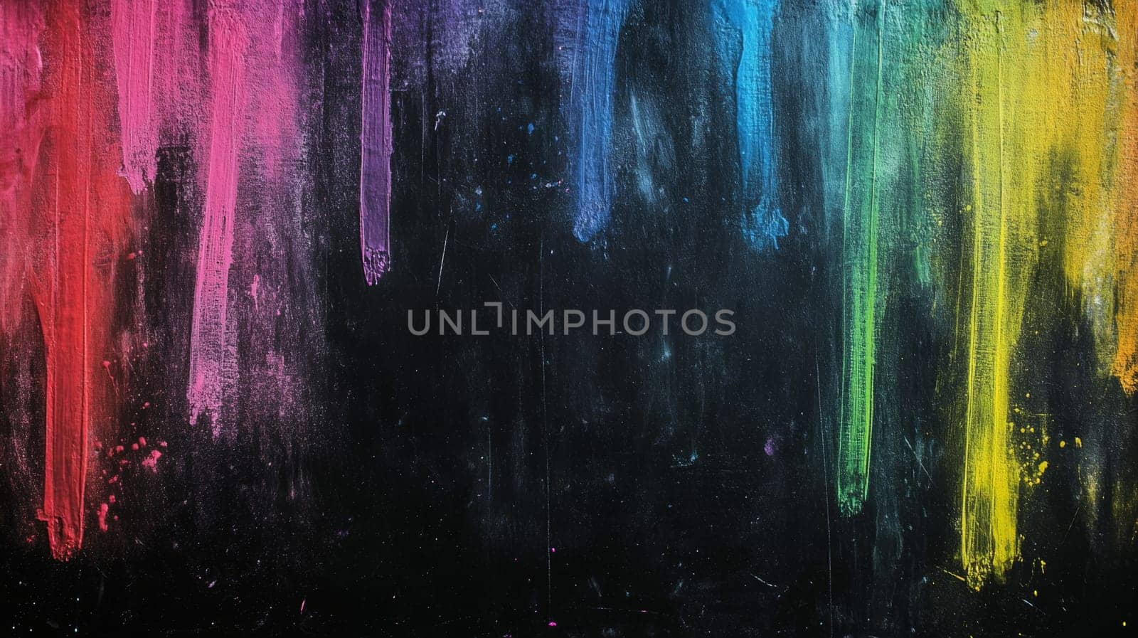 Colorful paint brush strokes on dark surface, abstract art expression.