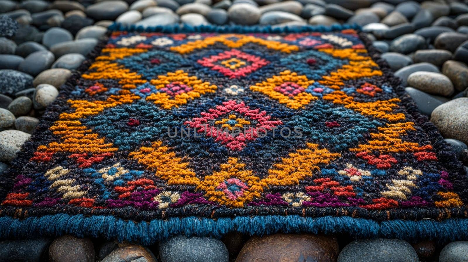 Colorful woven rug with geometric patterns on pebble stones.