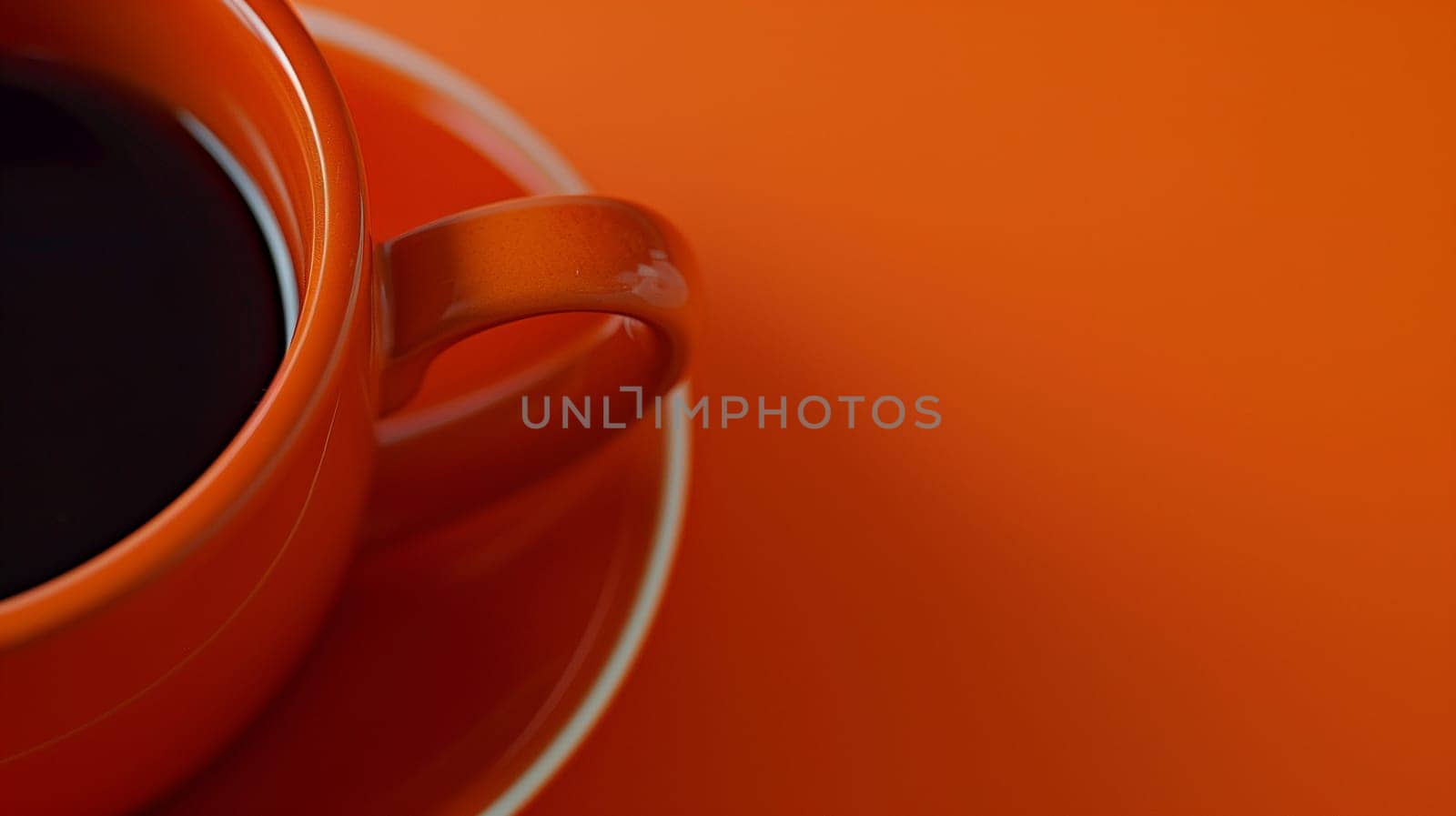 A steaming cup of dark coffee rests on a bright orange saucer, surrounded by an equally vibrant orange backdrop. The warm colors evoke a sense of comfort and energy, perfect for a morning ritual.