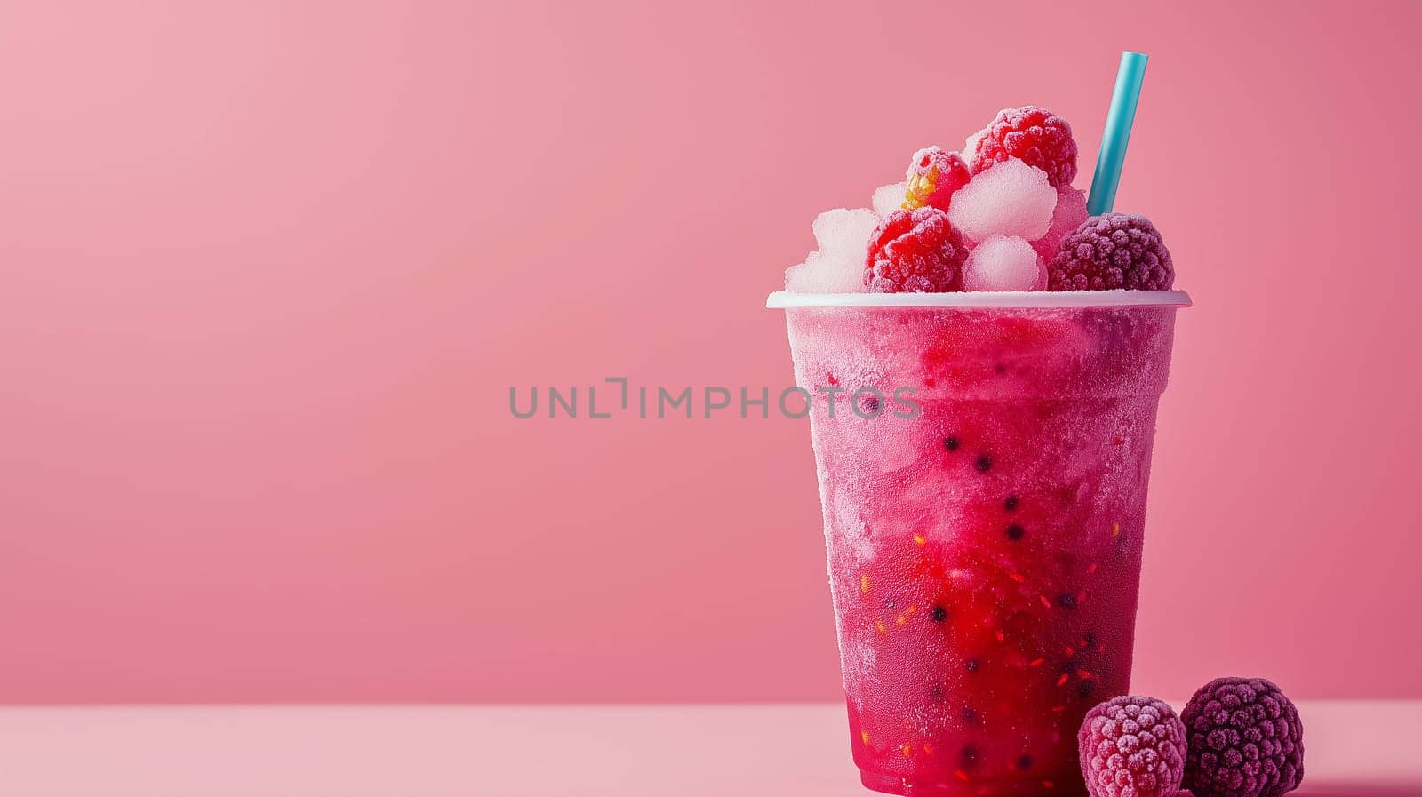 A vibrant slush made with raspberries and ice is served in a clear cup with a blue straw. The backdrop is a soft pink, enhancing the drink's refreshing appeal.