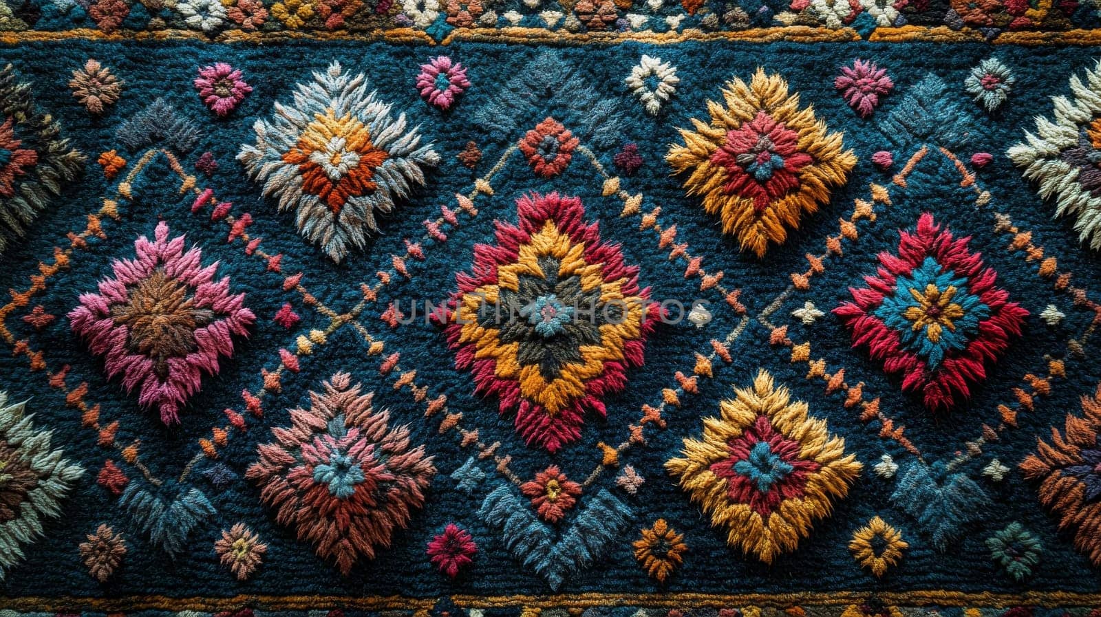 Colorful geometric pattern on traditional carpet texture.