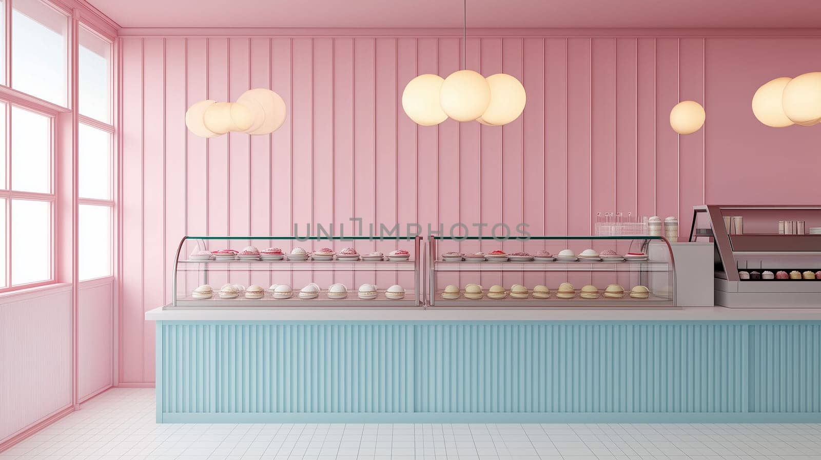 A colorful bakery features pastel-colored walls and display cases showcasing an array of desserts under soft pendant lighting.