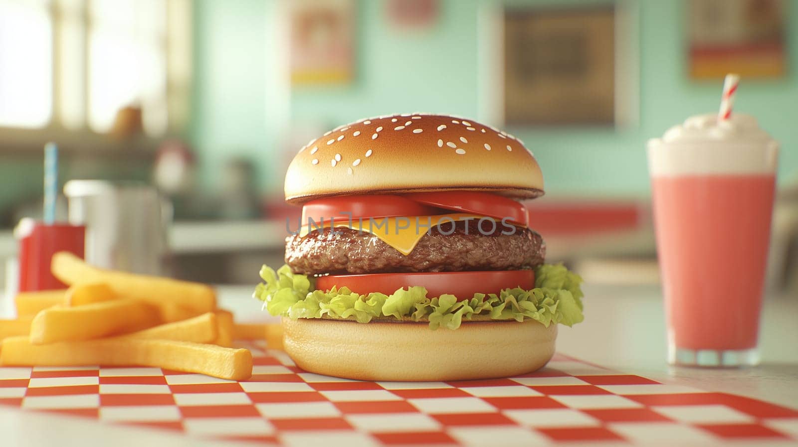 A delicious cheeseburger with lettuce, tomato, and cheese on a sesame seed bun alongside crispy fries and a pink milkshake in a vibrant diner atmosphere.