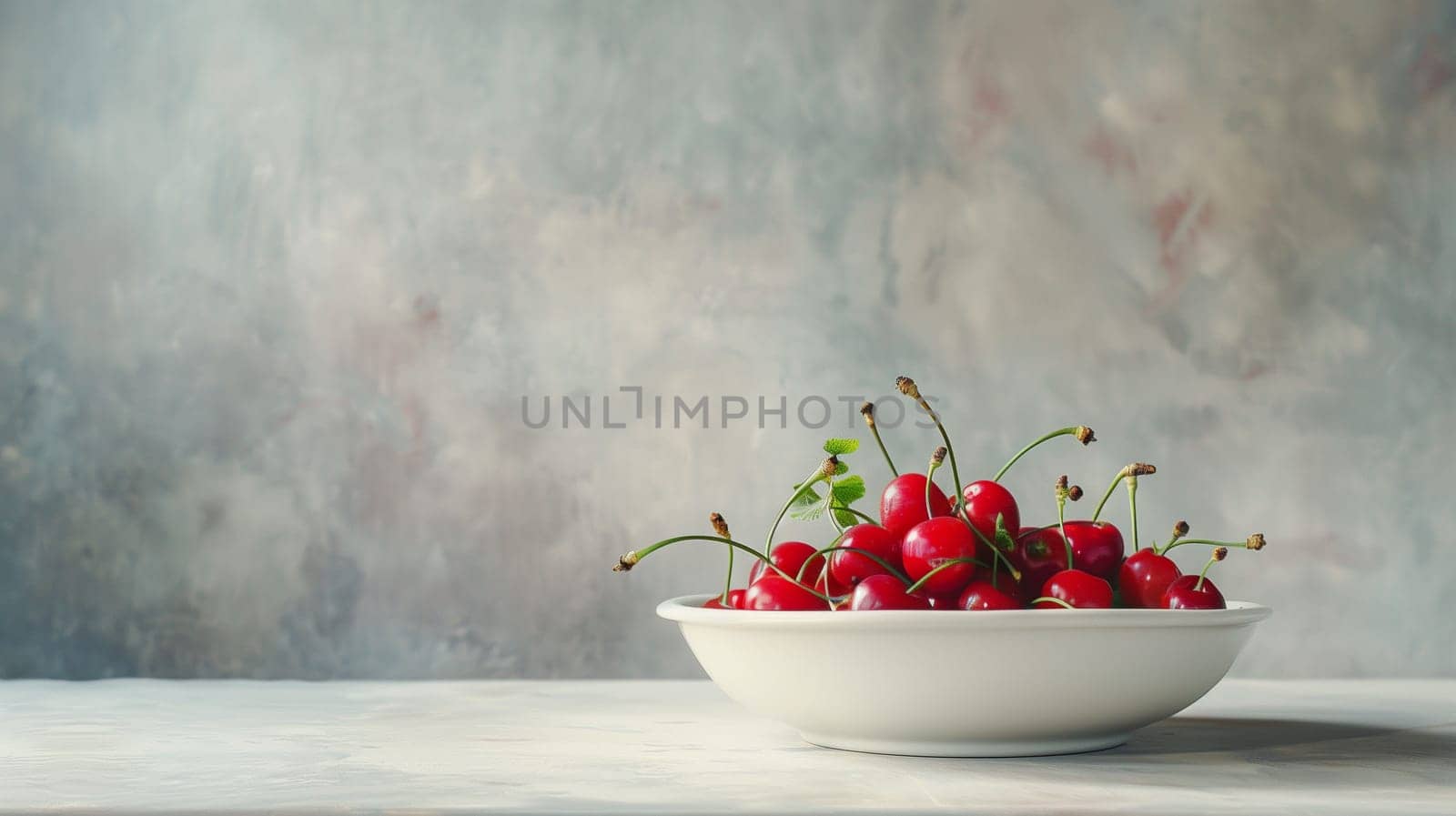 A generous pile of vibrant red cherries rests in a stylish white bowl on a textured surface, showcasing their glossy skin and green stems. The soft, muted background enhances the fruit's natural allure, inviting admiration and evoking a sense of freshness.