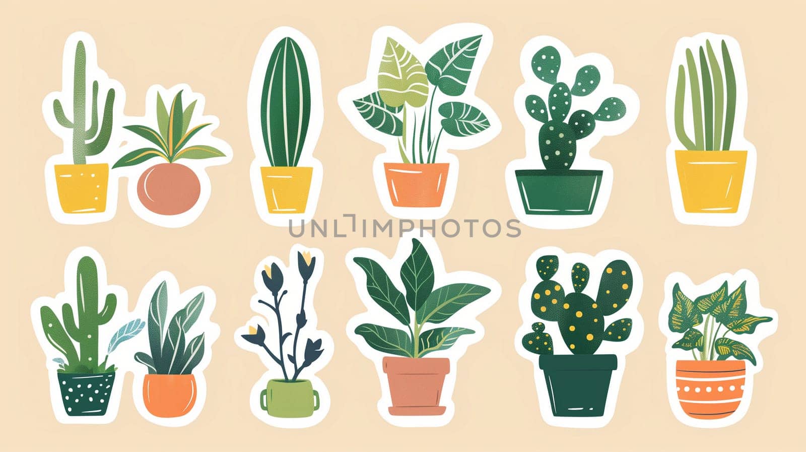 This collection showcases an assortment of illustrated indoor plants in decorative pots. Various species such as cacti, succulents, and leafy greens are depicted with vibrant colors and playful designs, perfect for adding a touch of greenery to any space.