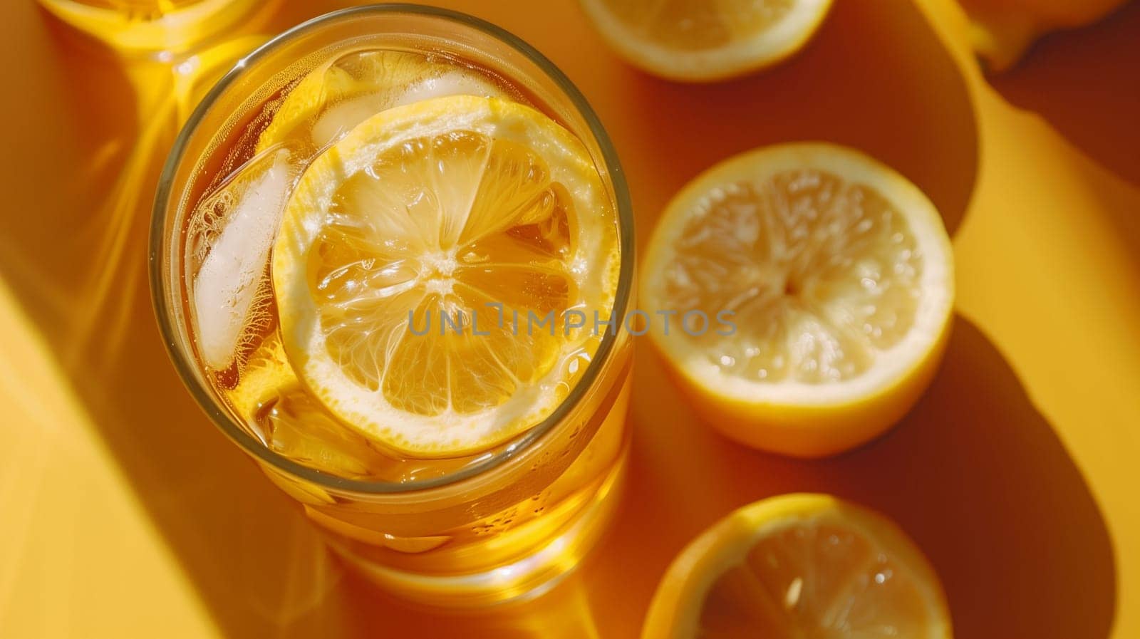 A glass filled with iced lemonade sits prominently, showcasing vibrant lemon slices atop the refreshing drink. Surrounding the glass, halved lemons are arranged decoratively on a bright yellow surface, creating a cheerful summer atmosphere.