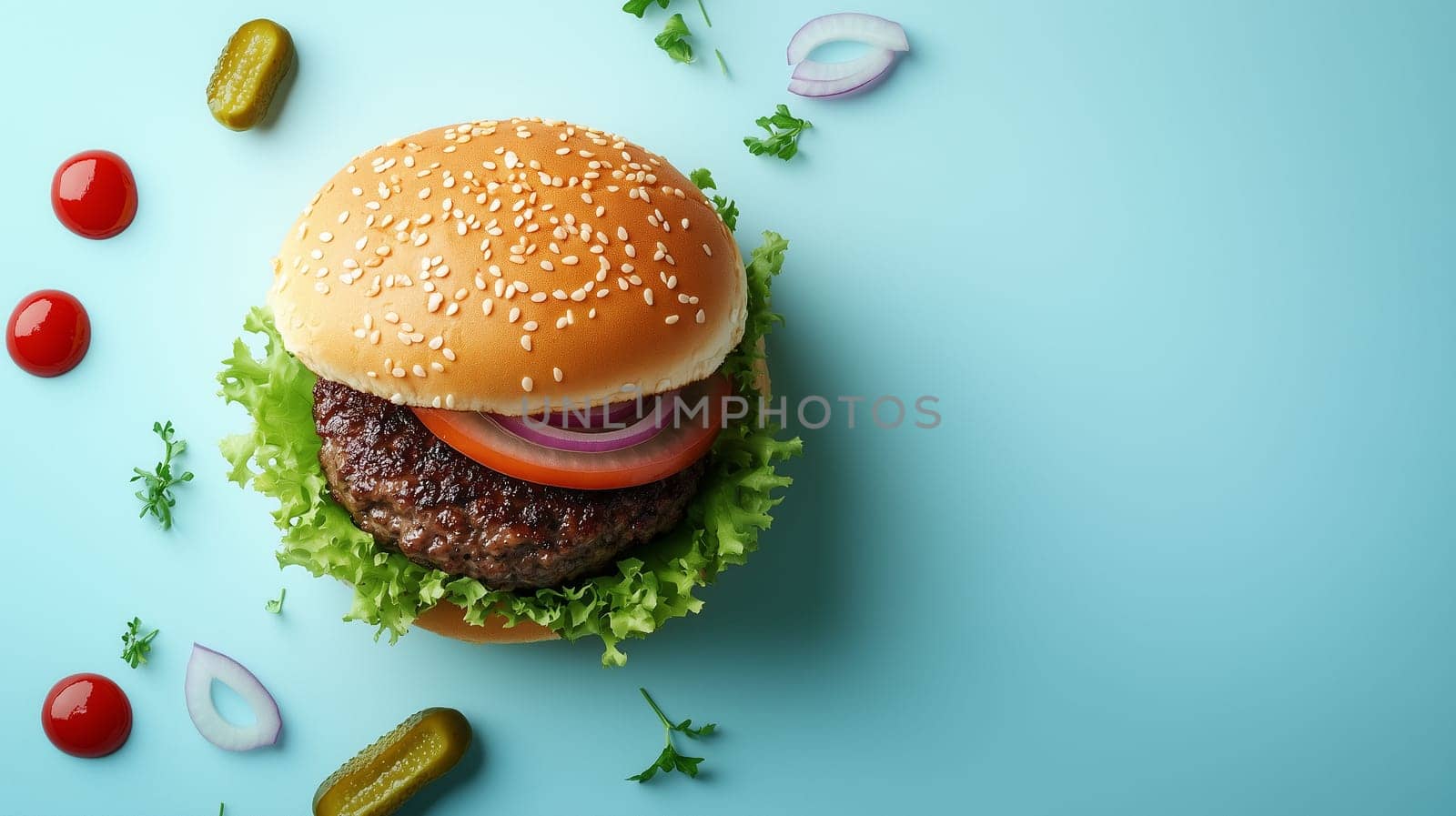 A delicious hamburger topped with lettuce, onions, and pickles is surrounded by ketchup and mustard on a light blue background.