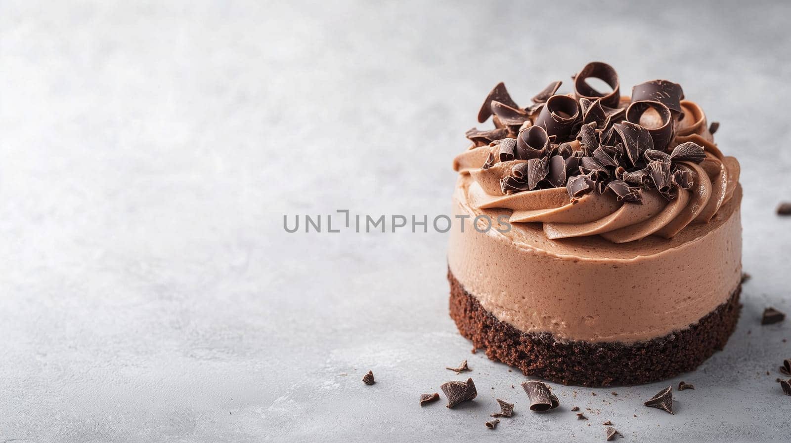 A rich chocolate mousse cake features a smooth, creamy texture topped with elegant chocolate curls, resting on a dark crust, perfect for dessert lovers.