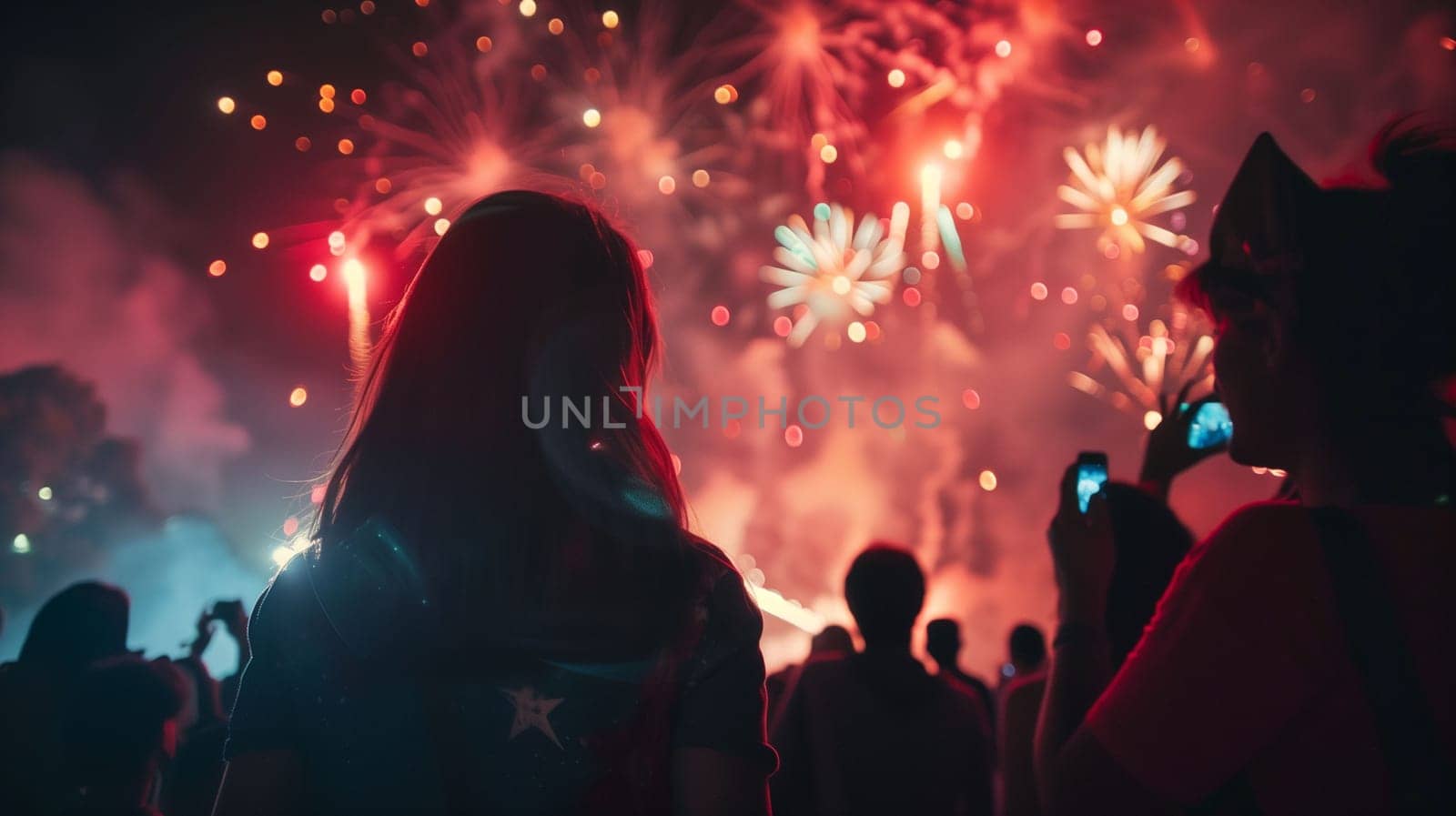 Crowds gather in excitement, watching a vibrant fireworks display light up the night sky. Colorful bursts explode overhead, reflecting joy and celebration among the spectators, who capture the moment on their phones.