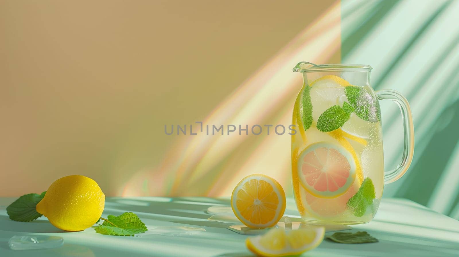 A vibrant glass pitcher filled with refreshing lemonade showcases slices of lemon and fresh mint leaves. Nearby, whole lemons and mint sprigs rest on a pastel-colored surface, illuminated by soft natural light, creating a cheerful ambiance.