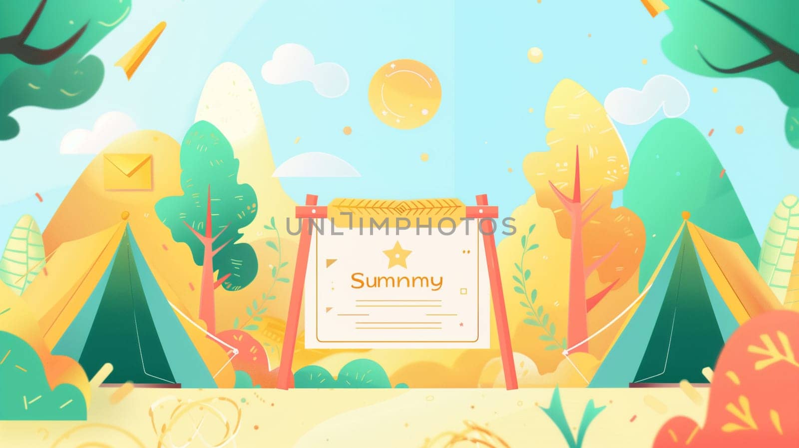 A cheerful outdoor gathering showcases colorful tents surrounded by lush trees and vibrant mountains under a bright sun. The atmosphere is filled with energy and joy, perfect for summer activities and social interactions.
