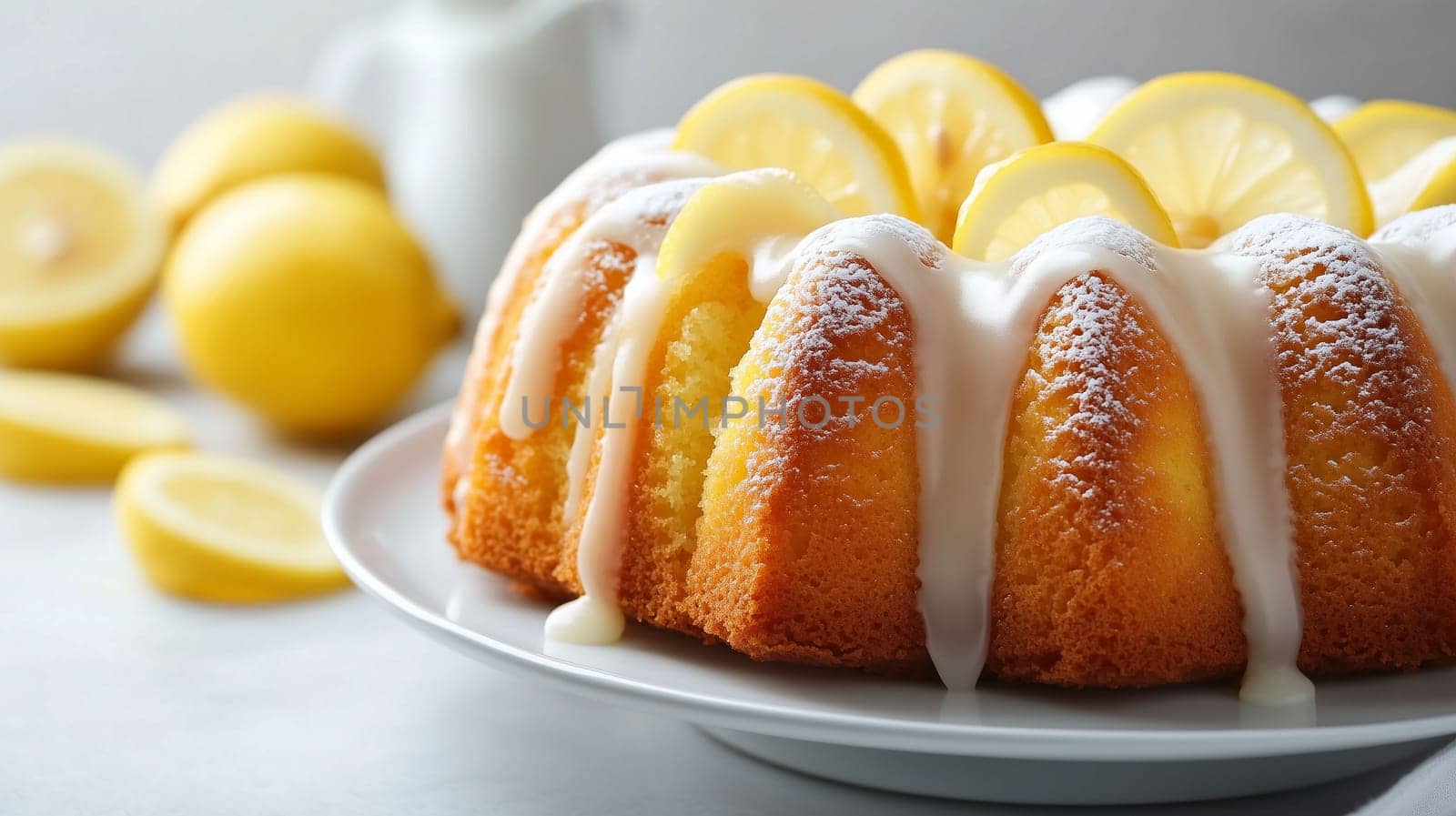 Delicious lemon bundt cake sits on a white plate, beautifully decorated with lemon slices and drizzled icing, surrounded by fresh lemons on a light countertop, evoking a sense of indulgence.