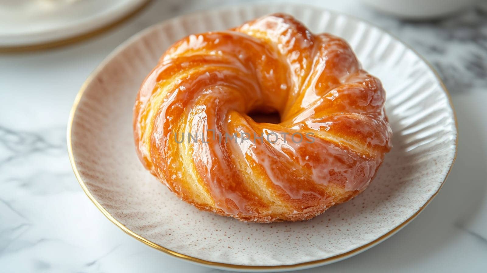 A beautifully crafted, freshly glazed pastry sits on an elegant plate. The delicate layers shine under soft café lighting, inviting a closer look and tempting taste buds.