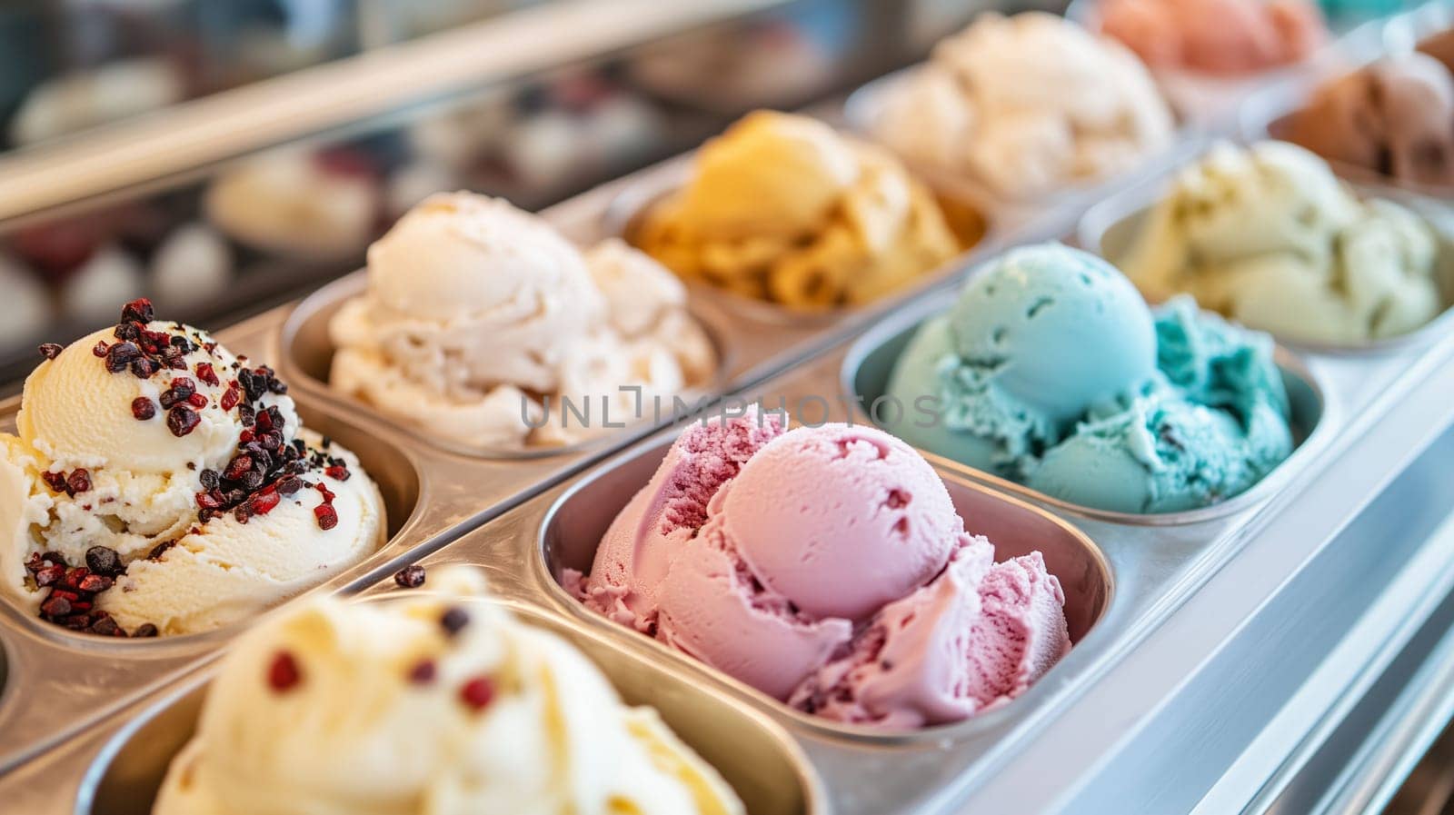 A variety of gelato flavors, including fruit and cream options, are organized in metal containers, inviting customers to indulge.