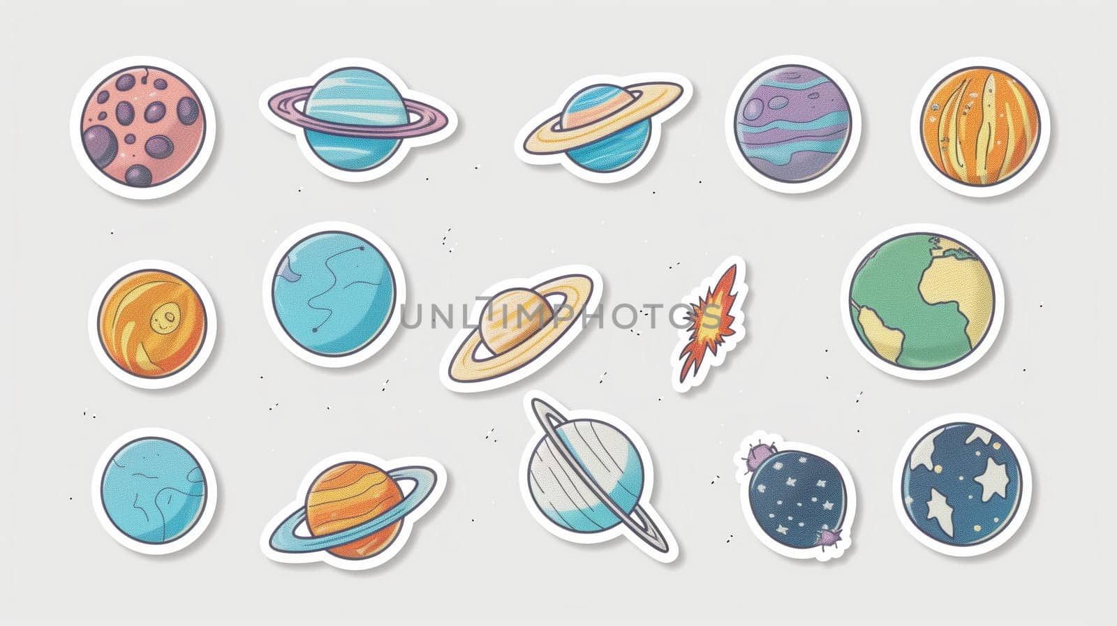 This collection showcases a variety of colorful illustrations of different planets, highlighting their unique features and designs. Each planet is depicted in a playful, artistic style, emphasizing vibrant colors and imaginative representation. The arrangement includes gas giants, rocky planets, and unique celestial objects, creating an engaging visual experience.