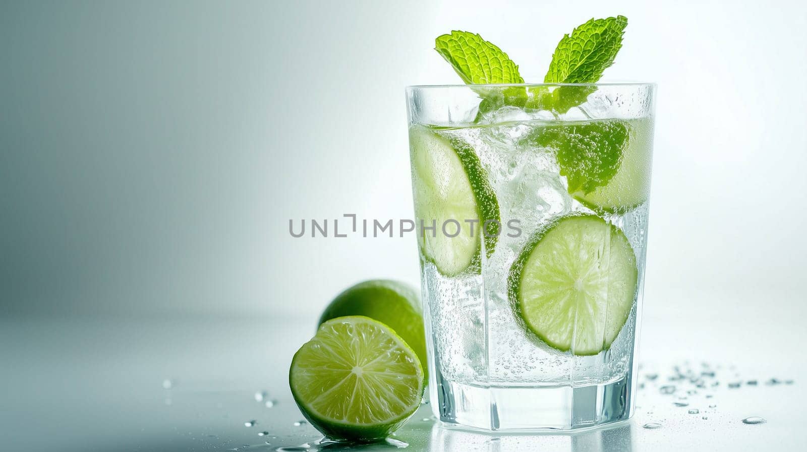 A refreshing drink made with lime slices and mint leaves is served in a clear glass. Whole limes rest beside the glass, highlighting the drink's vibrant ingredients in bright lighting.