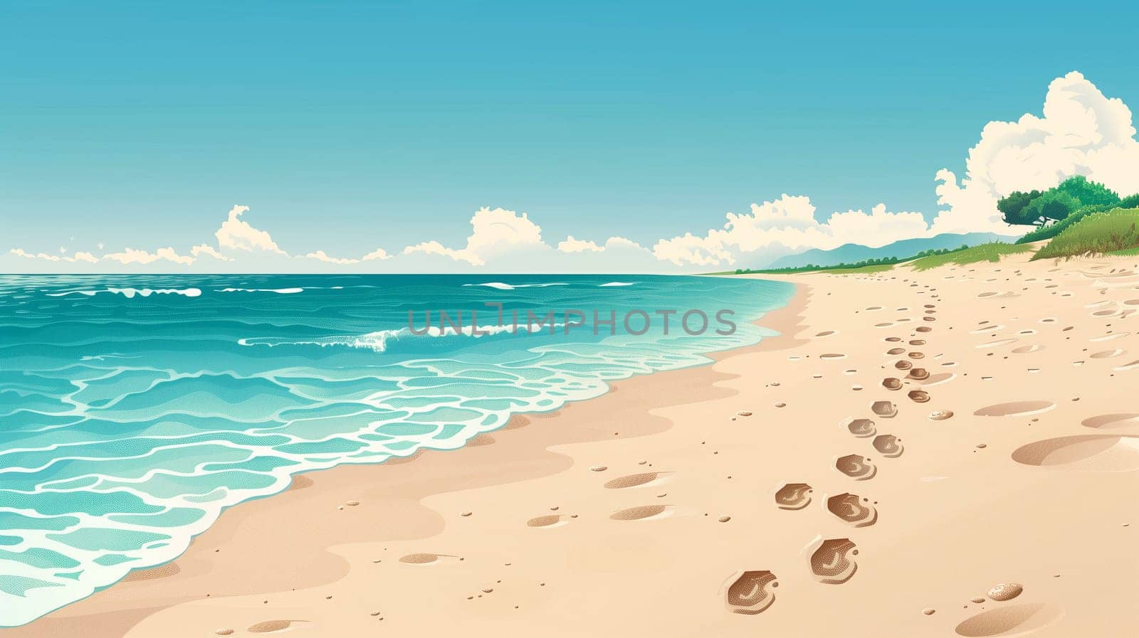 This serene beach setting features gentle waves lapping at the shore, with prominent footprints in the soft sand leading towards the water's edge. Fluffy white clouds drift peacefully above, and a lush green landscape frames the tranquil scene.