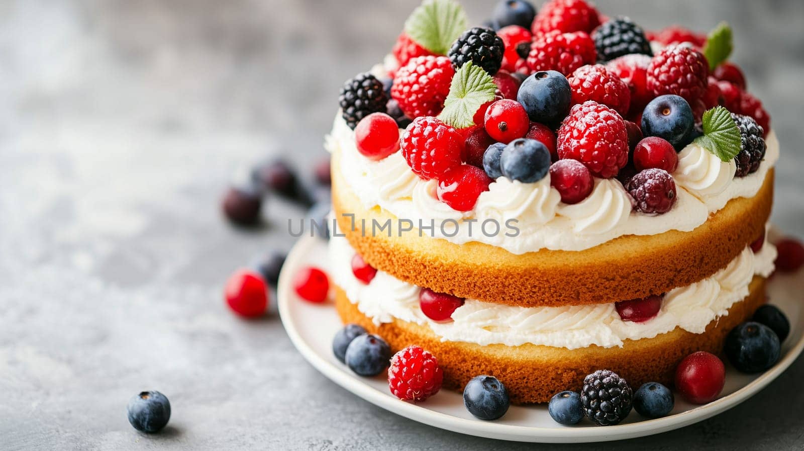 This delightful cake features layers of soft sponge, topped with generous whipped cream and an array of fresh berries, creating a vibrant and enticing dessert perfect for any celebration.