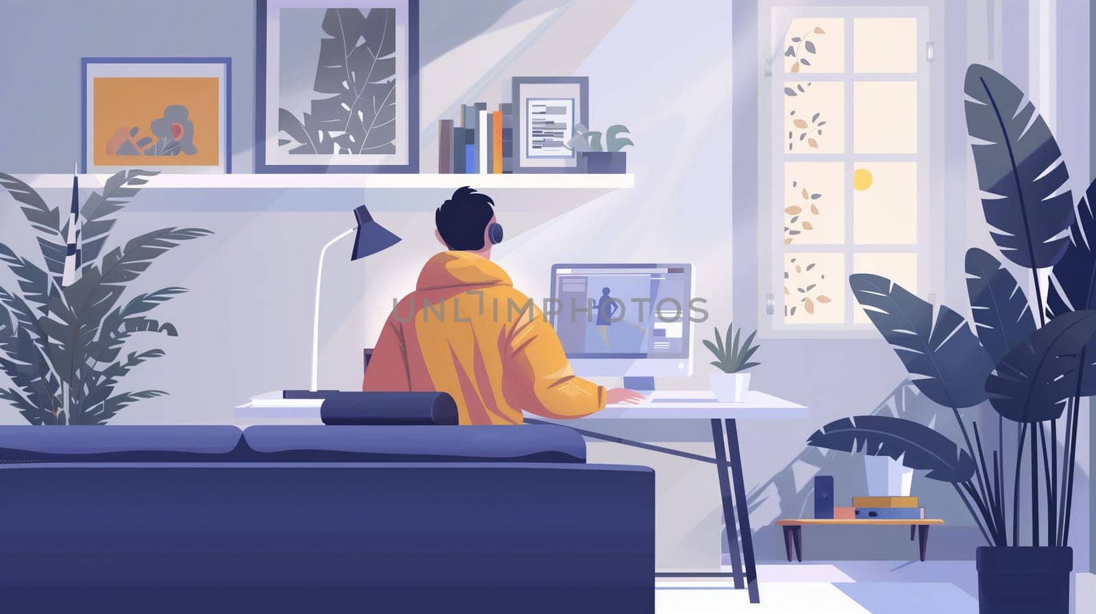 A person wearing casual clothing is focused on a computer screen while participating in a virtual meeting from a cozy home office, surrounded by plants and natural light streaming through the window.