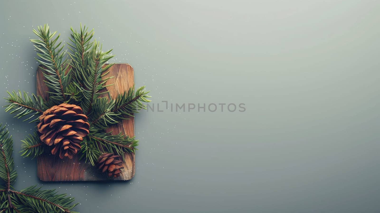 Freshly gathered pine cones and vibrant evergreen branches are thoughtfully arranged on a rustic wooden board, highlighting the beauty of nature. This calming display evokes a festive spirit, perfect for seasonal decorations or crafting ideas during the winter holidays.