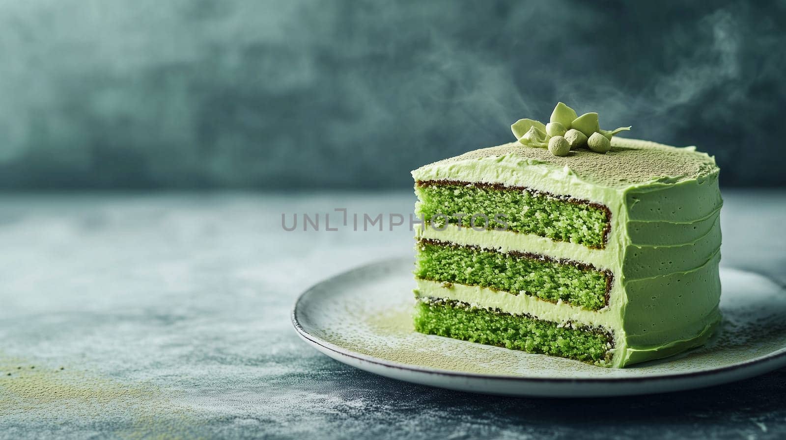 A beautifully layered green tea cake showcases its vibrant green color, topped with delicate accents. It is presented on a simple plate against a calming, textured background.