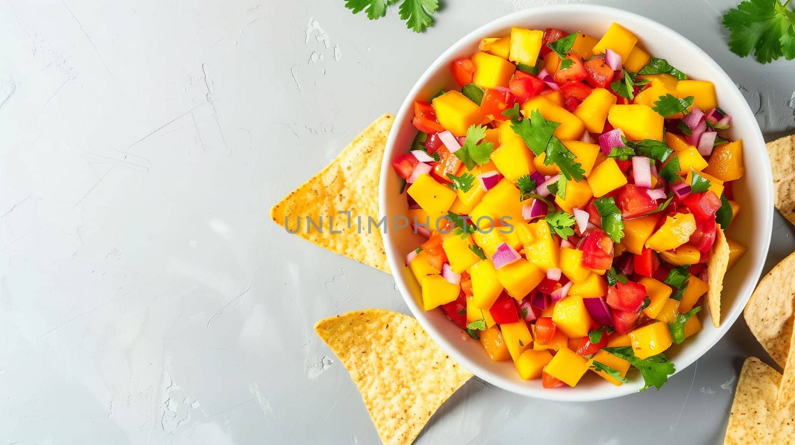 A vibrant bowl filled with diced ripe mango, chopped tomatoes, and freshly chopped cilantro, perfect for snacking. Crisp tortilla chips are arranged beside the bowl, inviting diners to enjoy this colorful and refreshing dish, ideal for gatherings or summertime events.