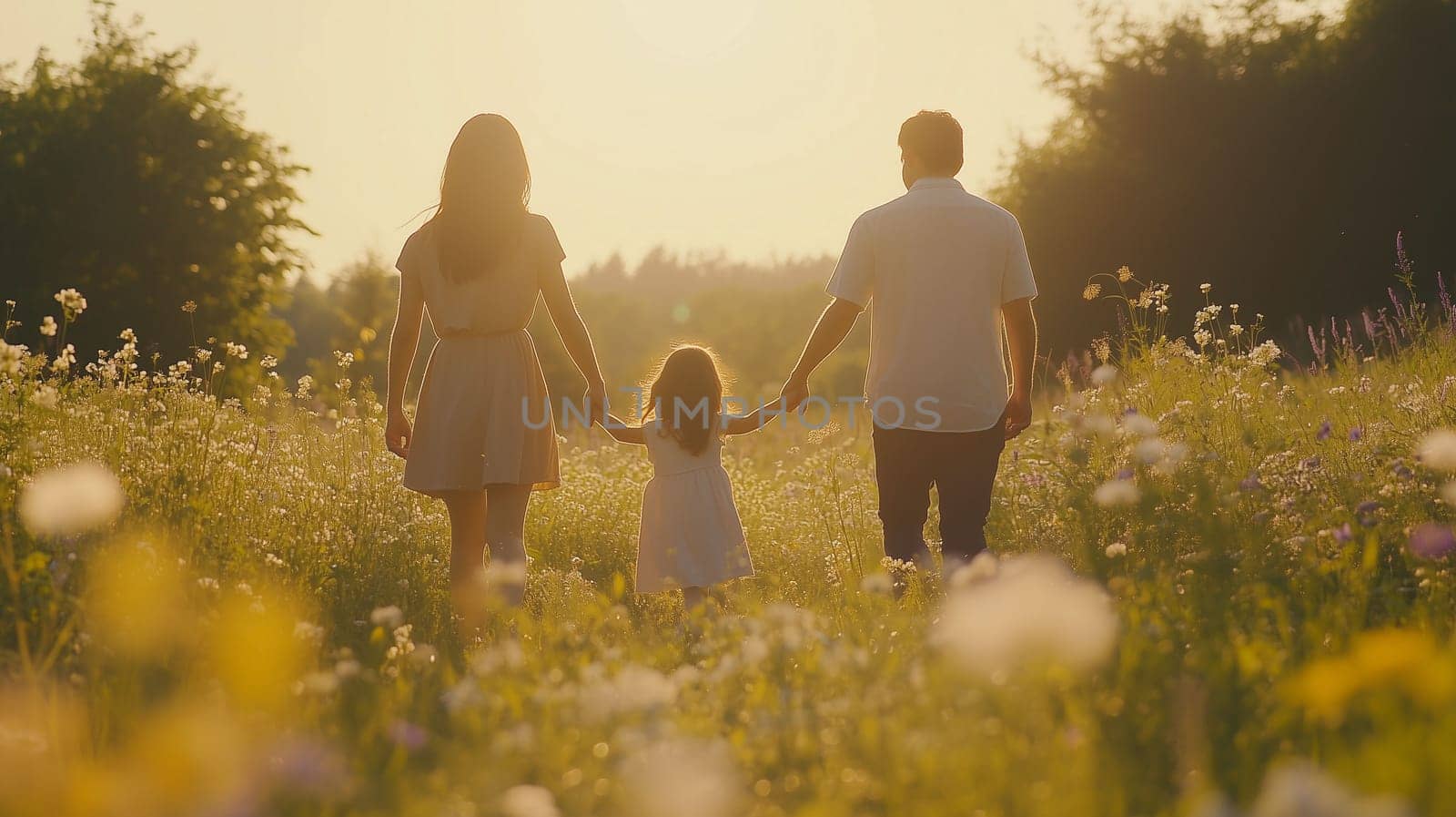 A family of three walks hand in hand through a sunny meadow filled with wildflowers during golden hour.