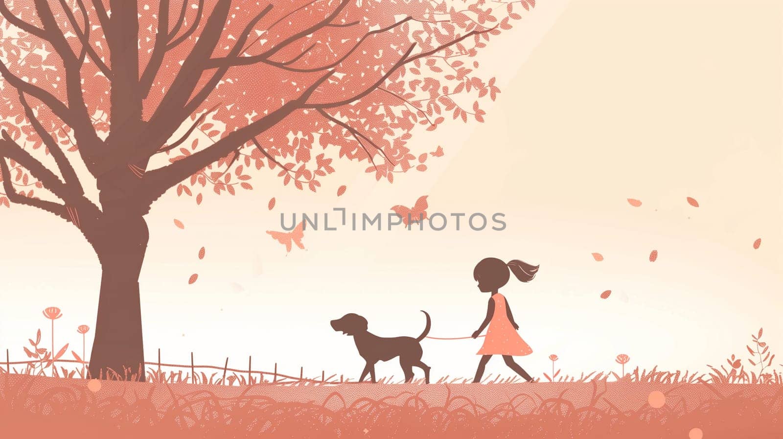 A young girl in a dress joyfully walks her dog along a path surrounded by trees with colorful foliage. Butterflies flutter around as the autumn leaves gently fall, creating a serene atmosphere.