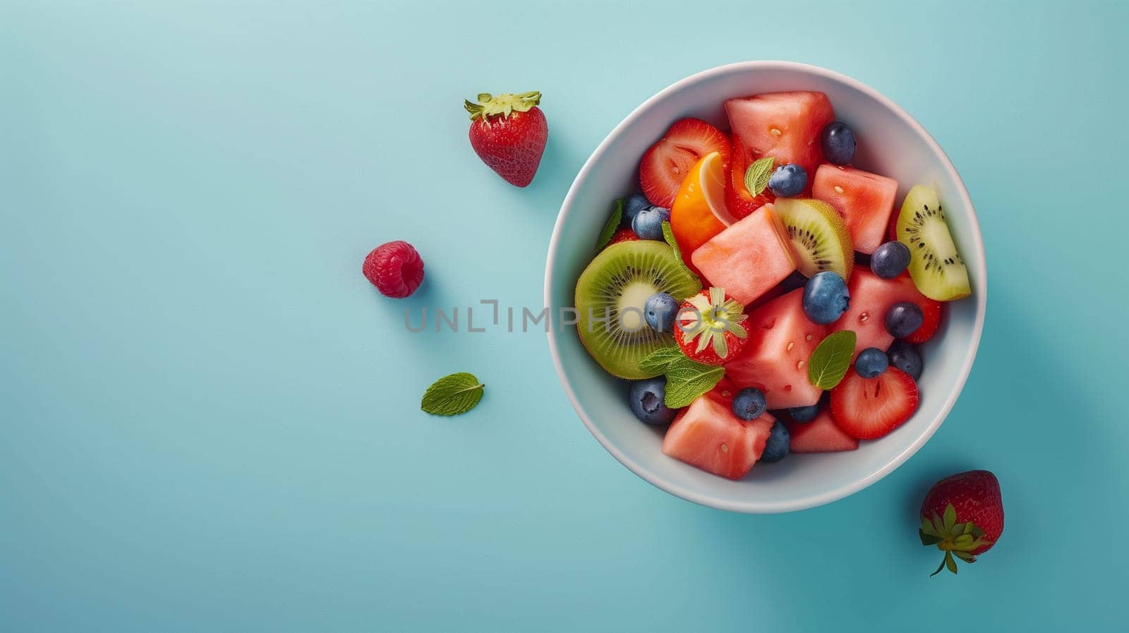 A vibrant selection of fresh fruits is beautifully arranged in a white bowl, featuring watermelon, strawberries, blueberries, kiwi, and orange slices. Small mint leaves are scattered throughout, adding a touch of freshness to the colorful assortment set against a light blue backdrop.