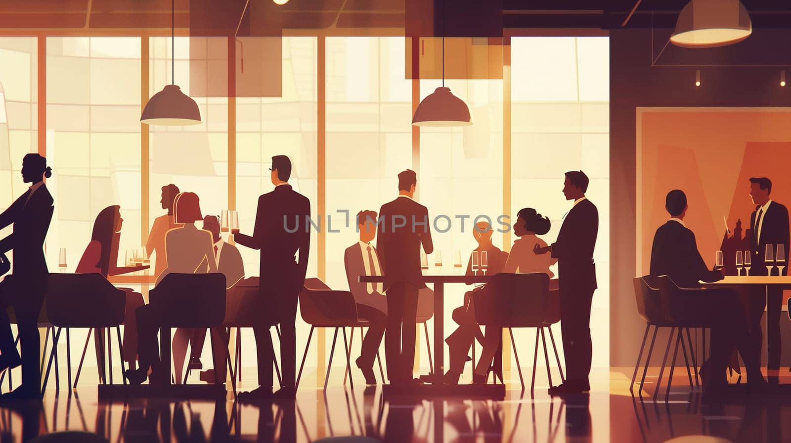 A diverse group of professionals gathers for networking at a modern business conference, engaging in conversations and sharing ideas over drinks in a well-lit venue during the evening.