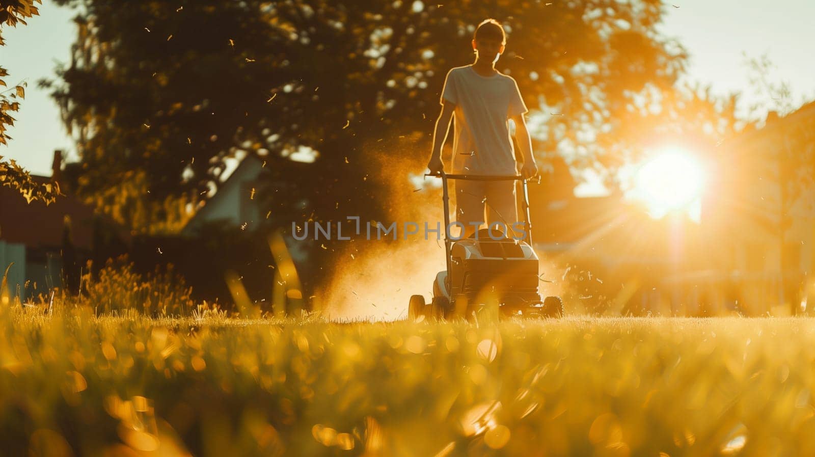 A man is pushing a lawn mower across a lush green lawn as the sun sets in the background, casting a warm golden glow. The scene captures the tranquility of a summer evening, with trees lining the yard and a peaceful atmosphere surrounding the activity.