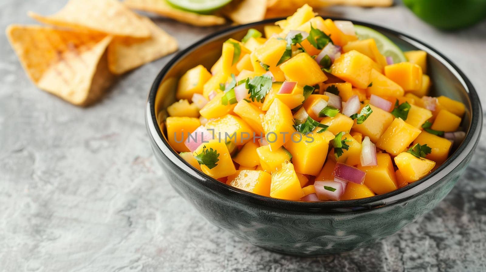 A vibrant bowl of fresh mango salsa showcases diced mango, red onions, and chopped cilantro, perfect for enjoying with tortilla chips. The colorful mixture is ideal for a casual gathering, adding a tropical flair to the snack table, complemented by hints of lime in the background.